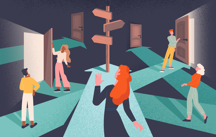 Psychological concept of choices and Finding or Choosing the right life path with group of diverse people following intersecting paths to doors with central signpost on arrow, flat vector illustration