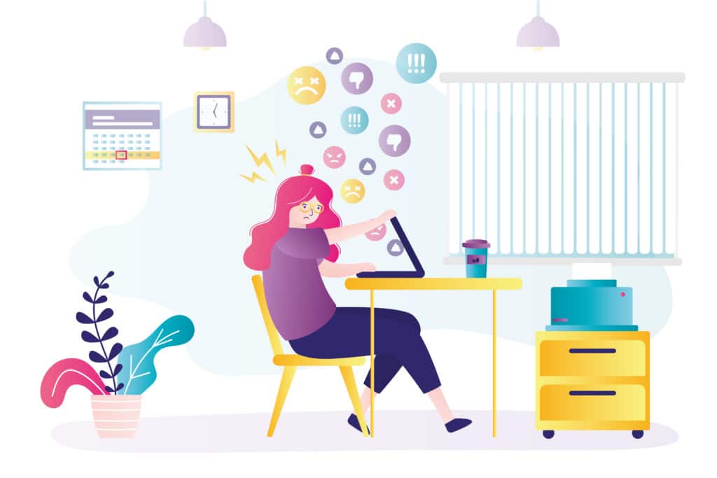 Woman closes laptop as cyberbullying social media graphics pour out. Woman feels sad and worried.