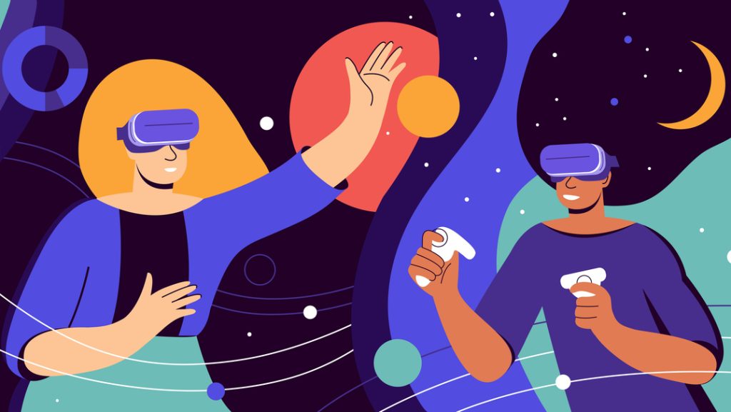 Illustration of three people using virtual reality (VR) headsets. Each person is interacting with a colorful, cosmic-themed environment featuring abstract planets, stars, and orbits. One person points at a floating circle, another raises their hand toward an orange sphere, and the third holds VR controllers, immersed in the experience. The background features deep purples, blues, and greens with celestial shapes like the moon and stars.