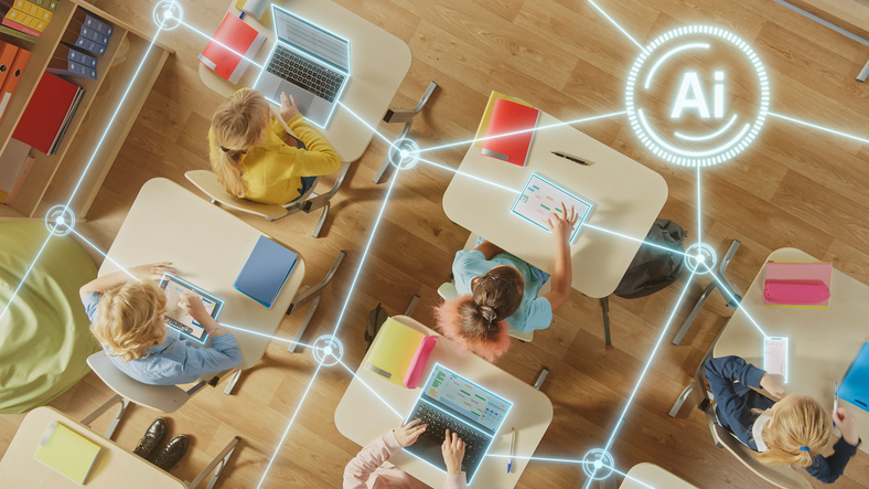 Top-down View of Children in Classroom Use Tablets and Laptops, Connectivity by Lines of AI Data, Information. Diverse Kids Study with Interactive E-Learning, Modern Education, Digital Literacy