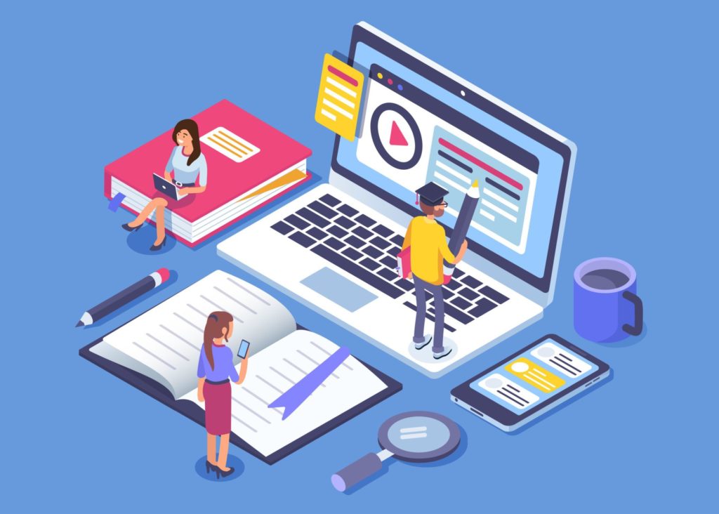 Online education concept banner with characters.