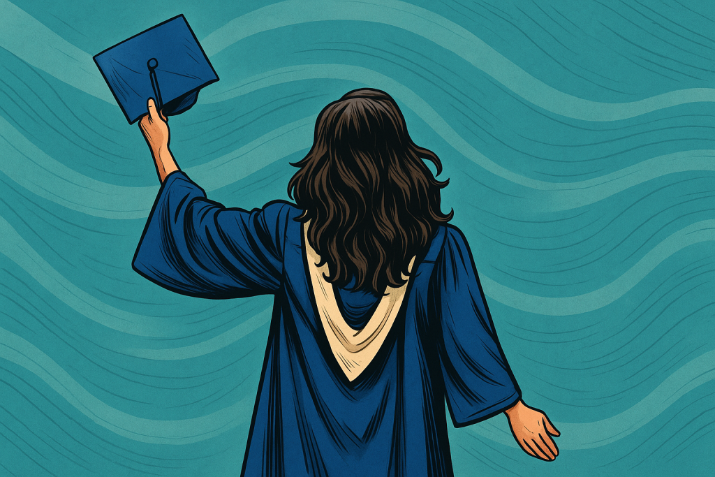 Illustration in comic book style of a young female graduate seen from behind, standing confidently with her right arm raised, holding a blue graduation cap. She wears a royal blue graduation gown with a cream stole, and her long brown hair flows down her back. The background features abstract teal brushstrokes, adding movement and energy to the image.