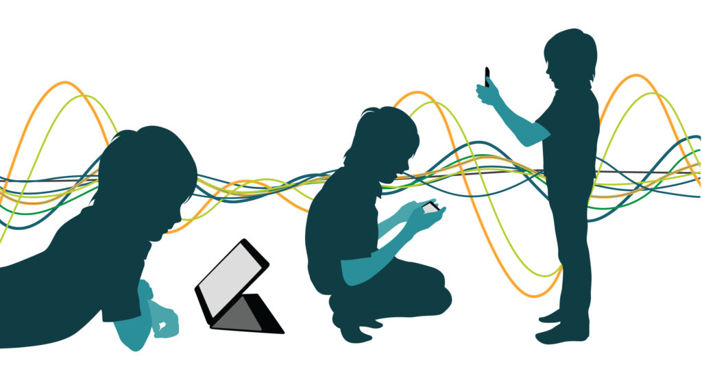 Silhouette of kids playing with technology